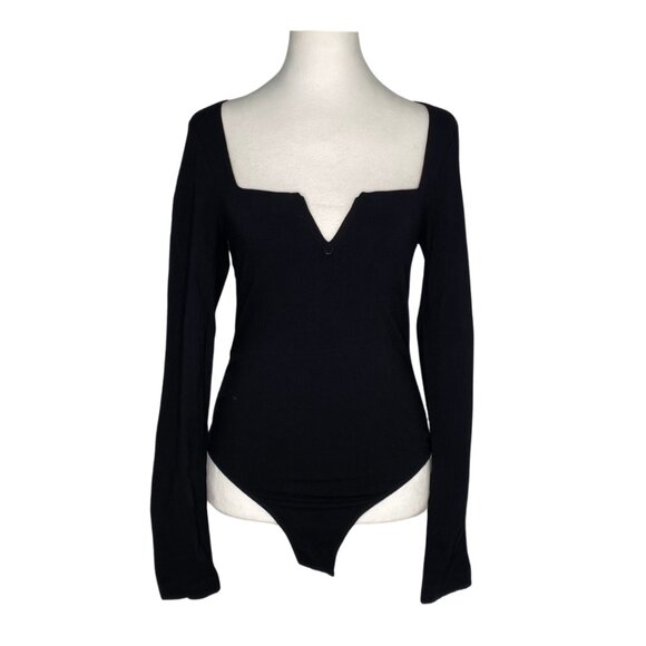 Free People Intimately Black Square Neck V Notch Stretch Bodysuit, S #338 - Picture 1 of 10